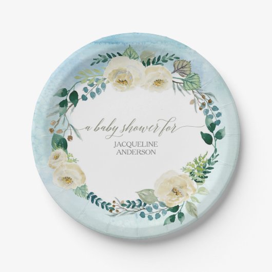 Baby Boy Shower Rustic Krans Blauw w Ivoor Rozen Papieren Bordje (Voorkant)