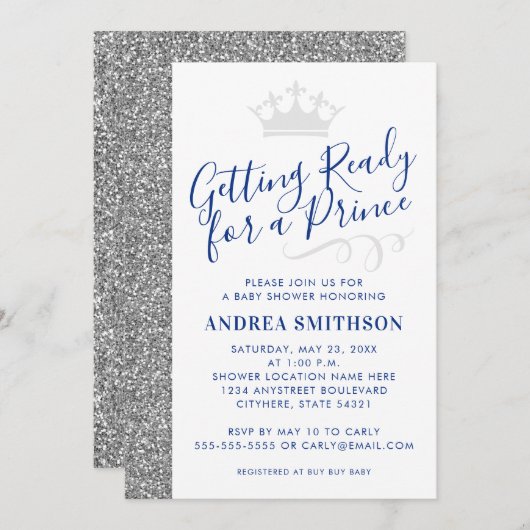 Baby Boy Shower Silver Prince Uitnodiging (Voorkant / Achterkant)