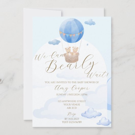 Baby Boy Shower Uitnodiging Blauw Beer Thema (Voorkant)