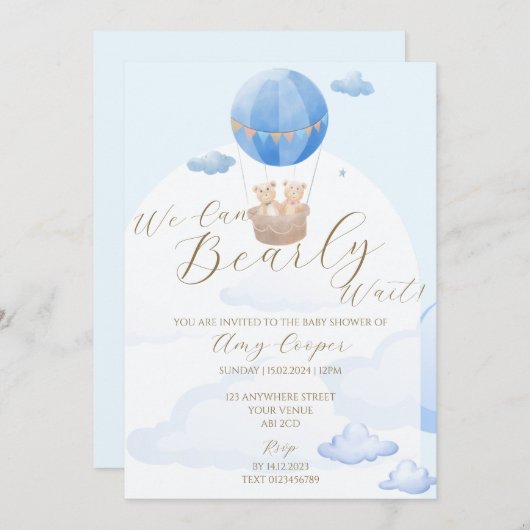 Baby Boy Shower Uitnodiging Blauw Beer Thema (Voorkant / Achterkant)