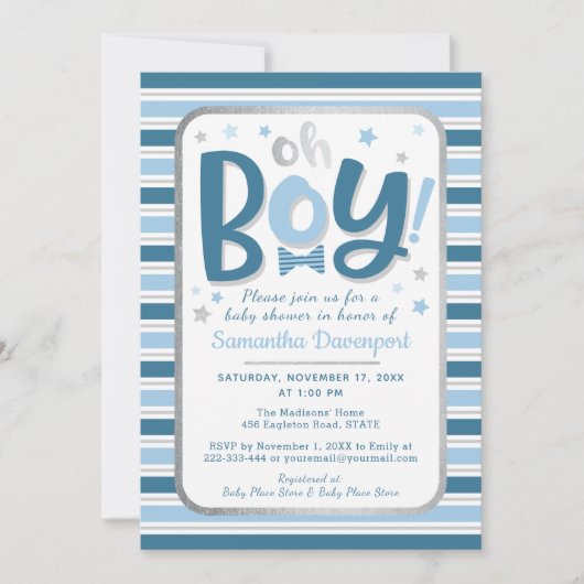 Baby Boy Shower-uitnodiging | Blauwe strepen Kaart (Voorkant)
