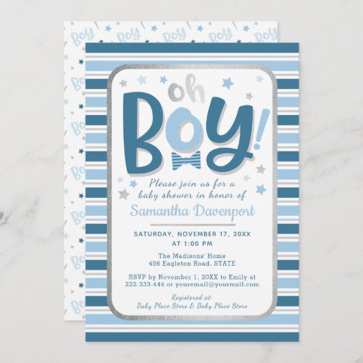 Baby Boy Shower-uitnodiging | Blauwe strepen Kaart (Voorkant / Achterkant)