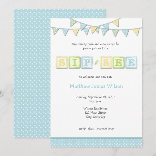 Baby Boy Sip en zie Uitnodiging (Voorkant / Achterkant)