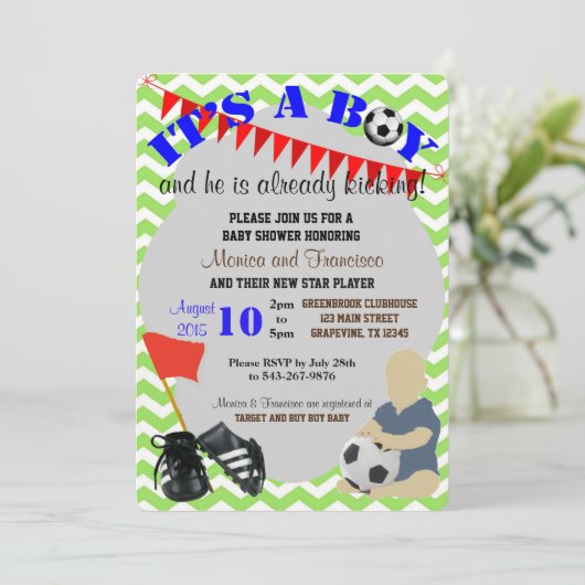 Baby Boy Soccer Baby shower Uitnodiging (Staand voorkant)