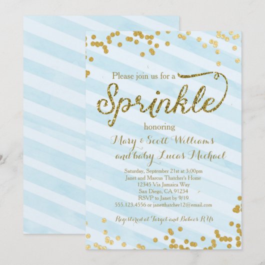 Baby Boy Sprinkle Shower Uitnodiging blauw goud (Voorkant / Achterkant)