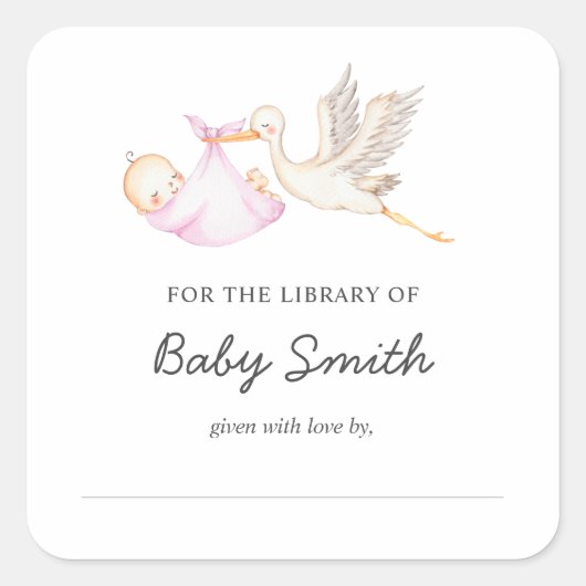 Baby Boy Stork Douche Bookplate Vierkante Sticker (Voorkant)