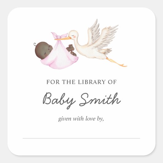 Baby Boy Stork Douche Bookplate Vierkante Sticker (Voorkant)