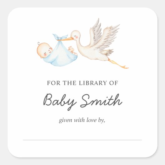 Baby Boy Stork Douche Bookplate Vierkante Sticker (Voorkant)