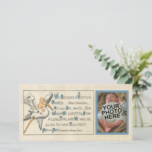  Baby Boy & Stork Geboorteaankondiging - Blauw Aankondiging (Staand voorkant)