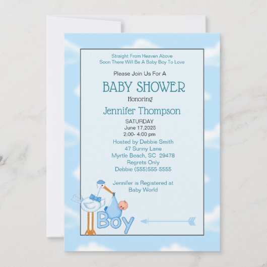 Baby Boy Stork Shower Invitations Kaart (Voorkant)