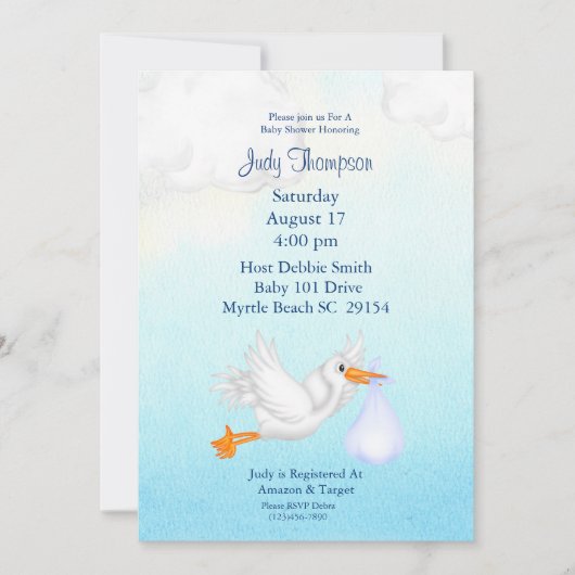 Baby Boy Stork Shower Invitations Kaart (Voorkant)