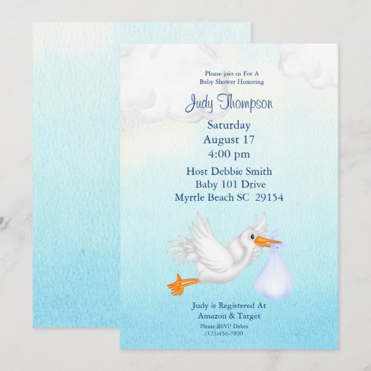 Baby Boy Stork Shower Invitations Kaart (Voorkant / Achterkant)