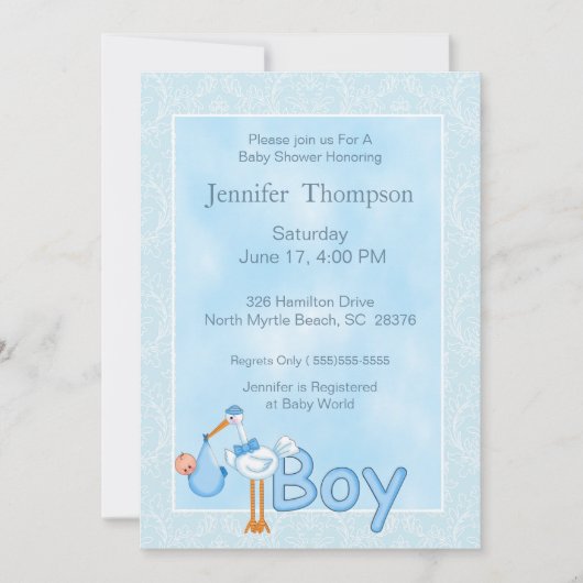 Baby Boy Stork Shower Invitations Kaart (Voorkant)