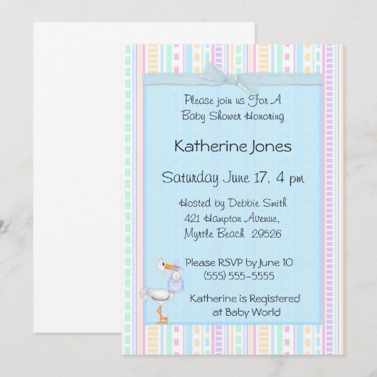 Baby Boy Stork Shower Invitations Kaart (Voorkant / Achterkant)