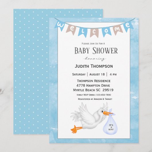 Baby Boy Stork Shower Invitations Kaart (Voorkant / Achterkant)