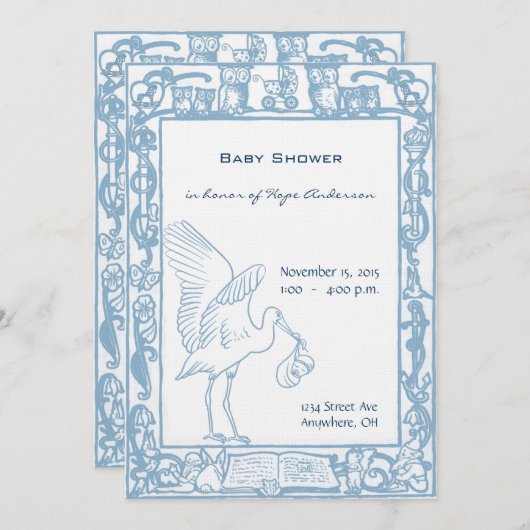 Baby Boy Stork & Uil Border Douche Aankondiging (Voorkant / Achterkant)