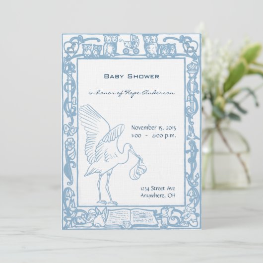 Baby Boy Stork & Uil Border Douche Aankondiging (Staand voorkant)