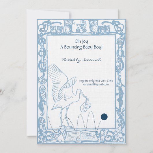 Baby Boy Stork & Uil Border Douche Aankondiging (Achterkant)