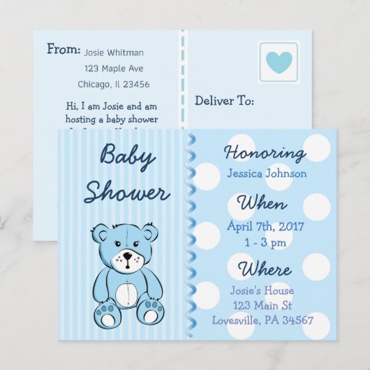 Baby Boy Teddy Bear Baby shower Invitation Uitnodiging Briefkaart (Voorkant / Achterkant)