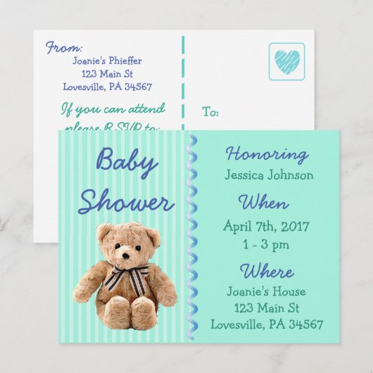 Baby Boy Teddy Bear Baby shower Invitation Uitnodiging Briefkaart (Voorkant / Achterkant)