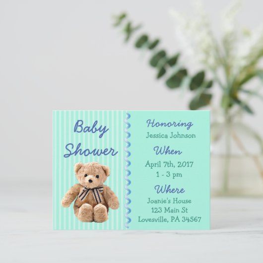 Baby Boy Teddy Bear Baby shower Invitation Uitnodiging Briefkaart (Staand voorkant)