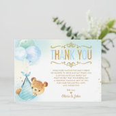Baby Boy Teddy Bear Balloons Baby shower Sprinkle Bedankkaart (Staand voorkant)