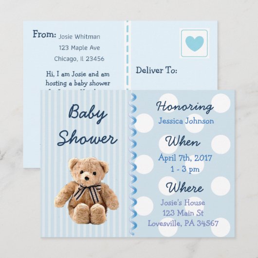 Baby Boy Teddy Bear Blauw Baby shower Uitnodiging (Voorkant / Achterkant)