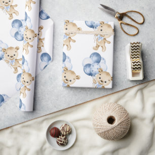 Baby Boy Teddy Bear Blauw Waterverf Wrapping Papie Cadeaupapier