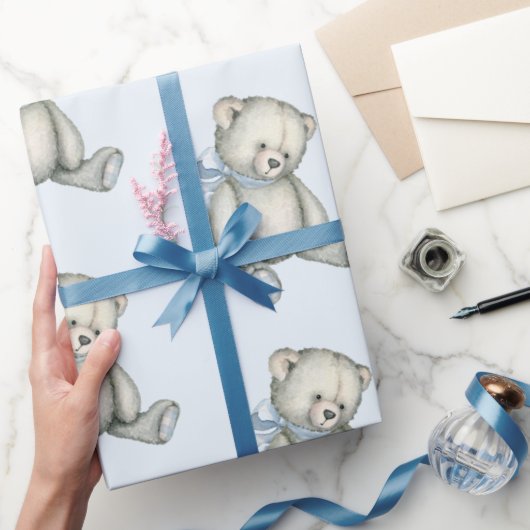 Baby Boy Teddy Bear Blue Waterverf Gift Wrapping Cadeaupapier (Geschenken)