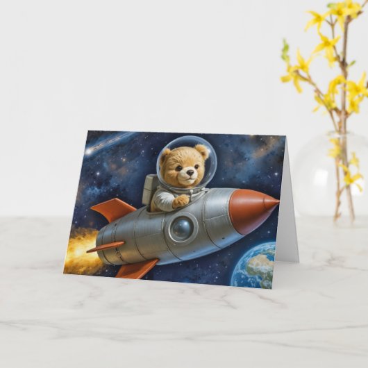 Baby Boy Teddy Bear In a Rocket Kaart (Gele Bloem)