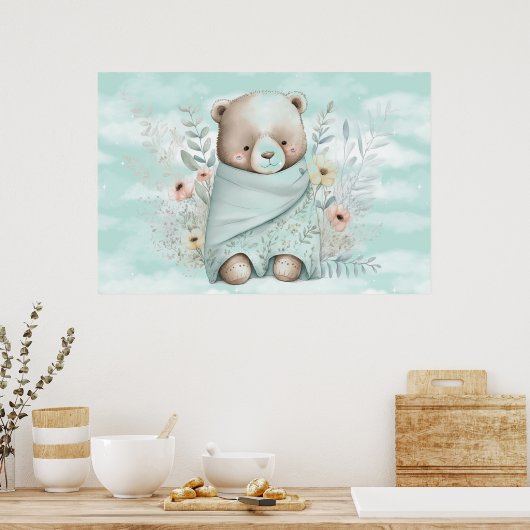 Baby Boy Teddy Bear in een zak gewikkeld Poster (Keuken)