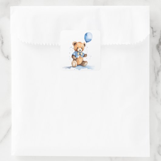 Baby Boy Teddy Bear With Blue Balloon Vierkante Sticker (Tas)