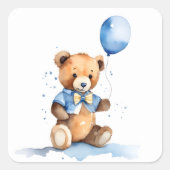 Baby Boy Teddy Bear With Blue Balloon Vierkante Sticker (Voorkant)