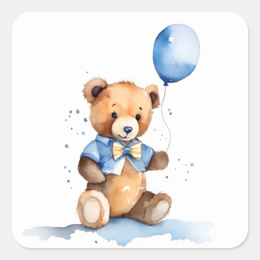 Baby Boy Teddy Bear With Blue Balloon Vierkante Sticker (Voorkant)