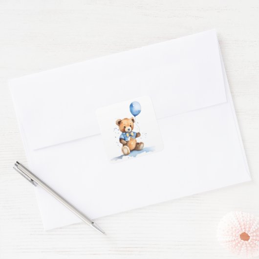 Baby Boy Teddy Bear With Blue Balloon Vierkante Sticker (Envelop)
