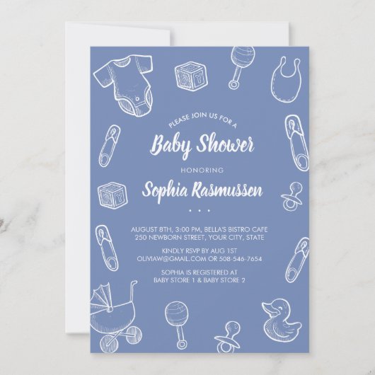 Baby Boy Toys Clothes Blue Baby shower Invitation Kaart (Voorkant)