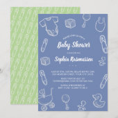 Baby Boy Toys Clothes Blue Baby shower Invitation Kaart (Voorkant / Achterkant)