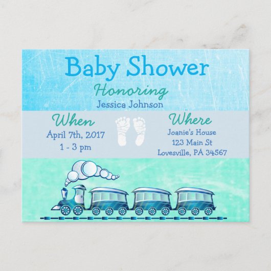 Baby Boy Train Blue Baby shower Invitation Uitnodiging Briefkaart (Voorkant)
