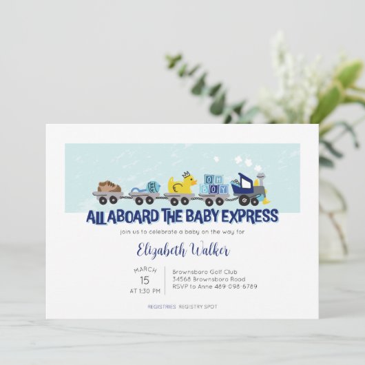Baby Boy Train Thema Baby shower Uitnodigen Kaart (Staand voorkant)
