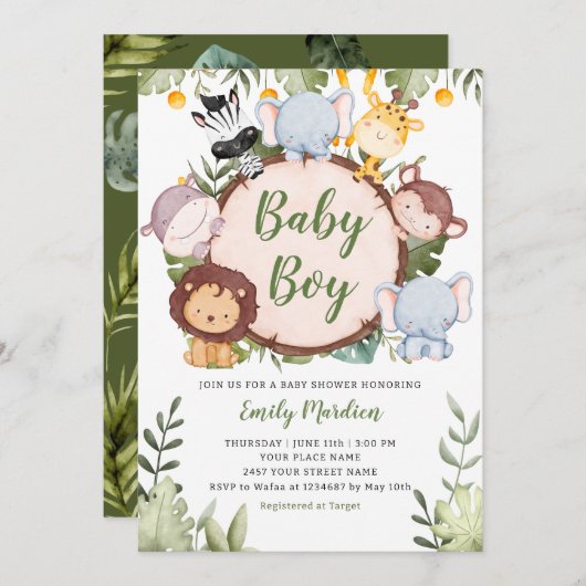 Baby Boy Tropical Jungle Safari Animals Shower  Kaart (Voorkant / Achterkant)