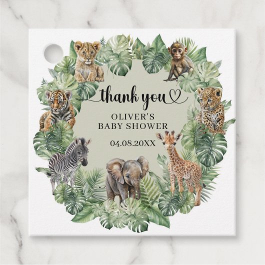 Baby Boy Tropical Oerwoud Safari Animals Shower Bedankjes Labels (Voorkant)