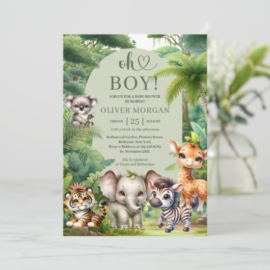 Baby Boy Tropical Oerwoud Safari Animals Shower Kaart (Staand voorkant)