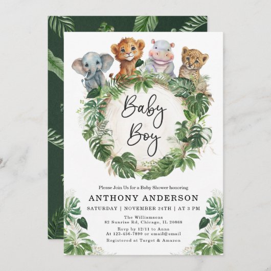 Baby Boy Tropical Oerwoud Safari Animals Shower Kaart (Voorkant / Achterkant)