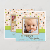 Baby Boy Twee Foto's in Blauw + Groene Stippen Aankondiging (Voorkant / Achterkant)