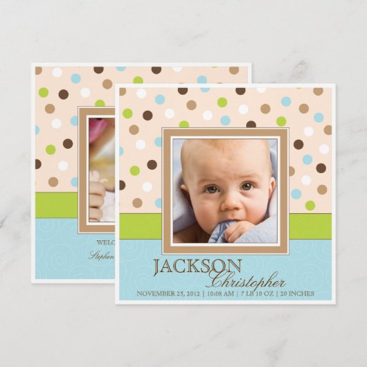 Baby Boy Twee Foto's in Blauw + Groene Stippen Aankondiging (Voorkant / Achterkant)