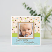 Baby Boy Twee Foto's in Blauw + Groene Stippen Aankondiging (Staand voorkant)