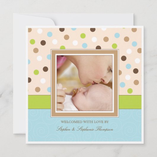 Baby Boy Twee Foto's in Blauw + Groene Stippen Aankondiging (Achterkant)