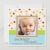 Baby Boy Twee Foto's in Blauw + Groene Stippen Aankondiging (Voorkant)