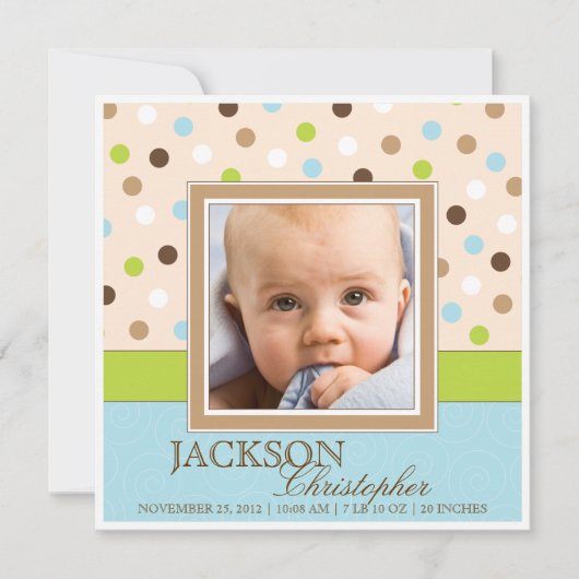 Baby Boy Twee Foto's in Blauw + Groene Stippen Aankondiging (Voorkant)
