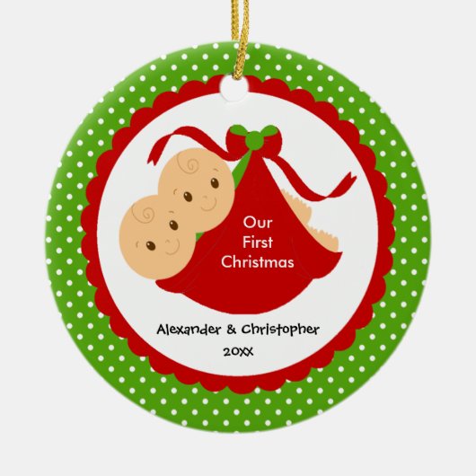 Baby Boy Twins Baby's Eerste kerstversiering Keramisch Ornament (Voorkant)